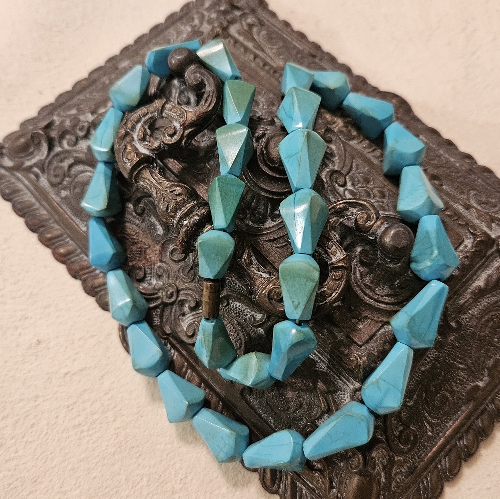 VTG Estate 1980s Genuine Turquoise Necklace 19"L Teardrop Geometric Cut Nuggets